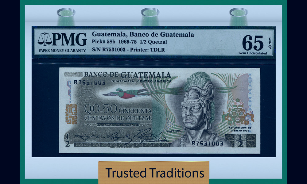 TT PK 0058b 1969-75 GUATEMALA 1/2 QUETZAL PMG 65 EPQ GEM UNCIRCULATED –  Trusted Traditions
